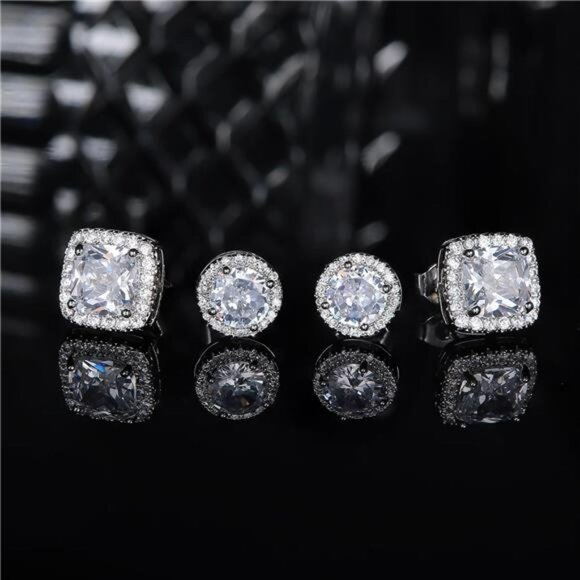 18K Gold Plated Stud Earrings Set Round Square CZ Sterling Silver Hypoallergenic - Picture 5 of 7